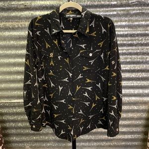 Karl Lagerfeld Paris Whimsical Eiffel Tower Long Sleeve Blouse, size Small